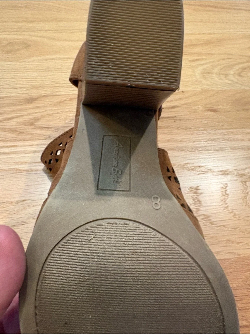 American Eagle Outfitters Tan Suede Laser-Cut Block Heel Sandals